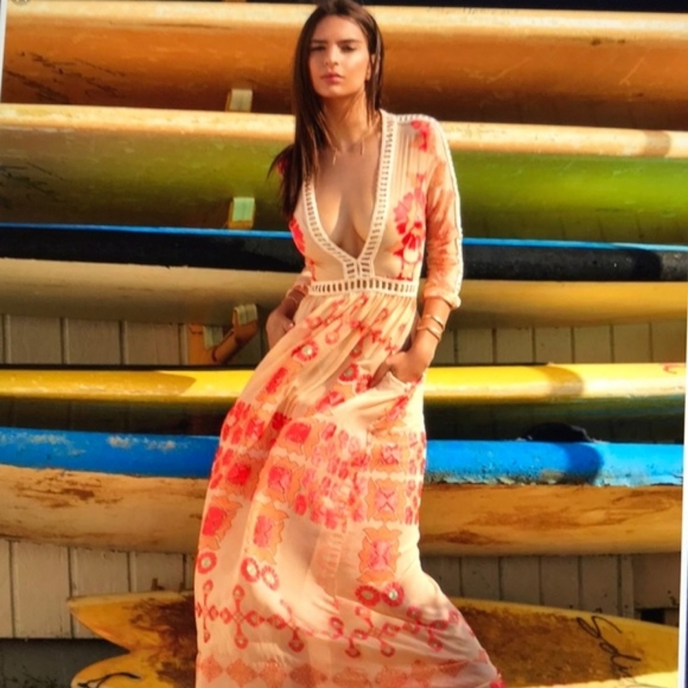 For Love & Lemons Peach Maxi Dress with Coral Floral Print